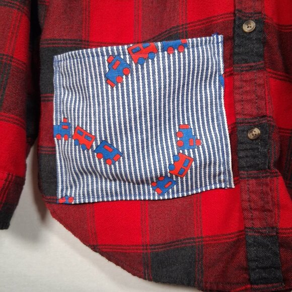 Reworked Flannel Shirt Women Small Red Black Plaid Train Fabric Patches - Picture 12 of 13
